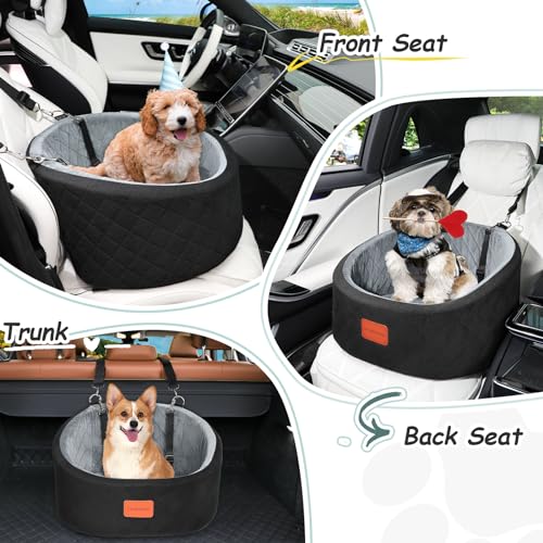 Lealchum Dog Car Seat for Small Dogs Up to 30 Lbs,Ultra Soft Fabric Fill in Comfy Memory Foam,Happy Pet Ride,2 Safety Dog Leashes,Fully Detachable and Washable,Anti Slip Base(Black/Grey)