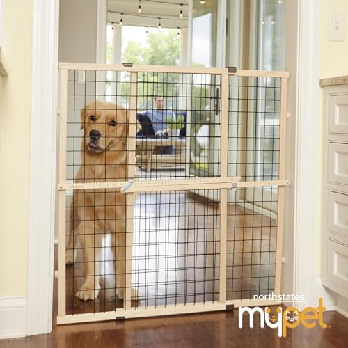 MYPET Wire Mesh Dog Gate: 29.5"-40" Wide, Pressure Mounted with No Tools; Expandable, Durable Pet Gates for Doors and Hallways, 37" Tall, Made with Sustainable Hardwood