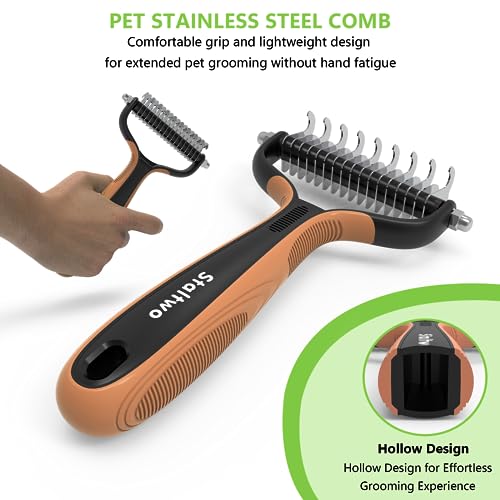 Staltwo Deshedding Dog Brush for Shedding - 2-in-1 Professional Undercoat Rake and Furminator for Dogs | Shedding Control for Long-Haired Dogs and Cats, Deshedding Tool, Knot Removal,Orange