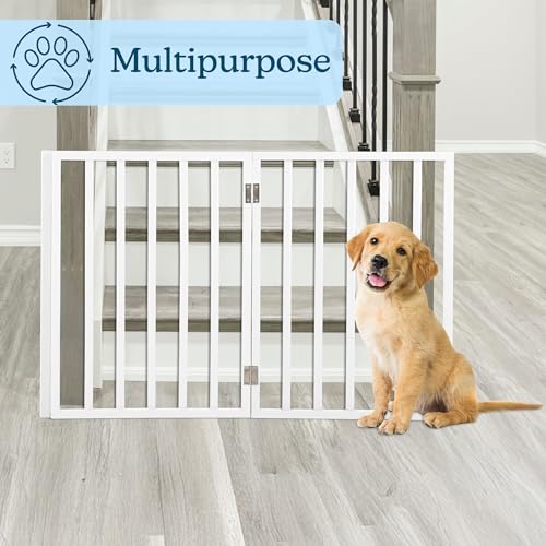 Pet Gate - 3-Panel Indoor Foldable Dog Fence for Stairs, Hallways or Doorways - 54x24-Inch Retractable Wood Freestanding Dog Gates by PETMAKER (White)