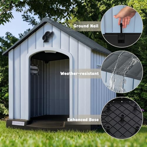 PUKAMI Large Dog House Outdoor Indoor, Plastic Dog House Weatherproof for Large Dogs, Sturdy Puppy Shelter with Air Vents and Elevated Floor, Easy Clean and Assemble (Grey, 37.2" D x 40" W x 40" H)