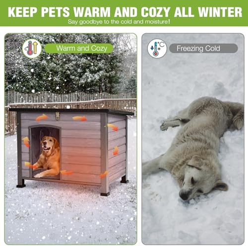 GUTINNEEN Large Outdoor Insulated Dog House Indestructible Dog Shelter Weatherproof Dog Kennel with Chew-Proof Metal Frame, Openable Roof for Small to Large Dog Breeds (Grey, 33.5"L x 22"W x 25.2"H)