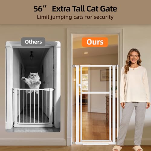 56" High Extra Tall Cat Gate, 29.5-33.46" Wide Clear Acrylic Baby Gate for Doorways Stairs, No Drilling Pet Safety Gate Indoor, Metal Frame Transparent Door for Cats- White