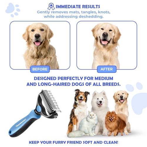 Undercoat Rake for Dogs & Cats, Dematting Comb with Extra Wide Double-Sided Stainless Steel Teeth for Detangling, Deshedding, Brushing, Thinning & Removing Shed Fur, Knots, Mats, and Tangles in Pets