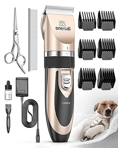 oneisall Dog Clippers Low Noise, Dog Grooming Kit with Rechargeable, Pet Shaver Cordless Electric Quiet Hair Clipper Set for Dogs Cats Pets（Gold）