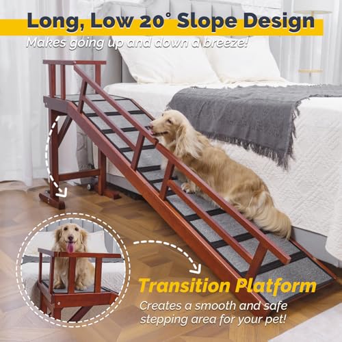 KUVETO Dog Ramp for Bed or Couch, Wooden Pet Ramp with 20° Gentle Slope, Removable Side Rails, Non-Slip Surface, Top Platform & Wheels, Safe Bed Ramp for Small, Large & Senior Dogs, 74" Long, Mahogany