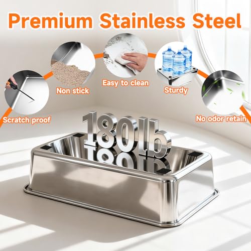 OneBug Stainless Steel High Sides Cat Litter Box with Scoop, Open Top Litter Pan for Indoor Cats, Easy to Clean, Reduced Litter Scatter, Medium