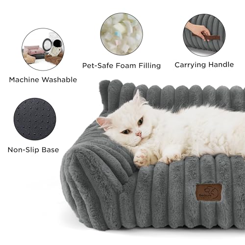 Bedsure ComfyFleece Cat Couch for Pets - Fluffy Cat Sofa with Premium Soft Corduroy Fleece, Fluffy Pet Couch Bed with Removable Washable Cover, Supportive Pet Chair for Indoor Cats, 24inch, Warm Grey
