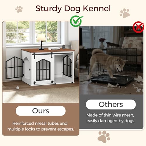 MAHANCRIS Dog Crate Furniture, 31.5" Farmhouse Dog Kennel with Sliding Barn Door, Wooden Dog Cage for Small Medium Dogs, Decorative Pet House Side End Table, Chew-Resistant, White and Walnut DCBA9601