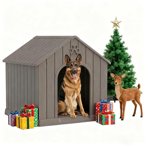 Fancyango Large Dog House Outdoor Indoor for Medium Large Dogs, Sturdy Plastic Waterproof Doghouse with Air Vents and Elevated Floor, Easy Clean and Assemble (Grey, 36.2''L×38''W×38''H)