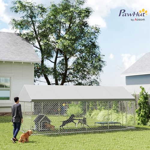 PawHut Outdoor Dog Kennel, 20' x 7.5' x 8', Heavy Duty Large Dog Kennel Outside w/Waterproof Roof, Galvanized Chain Link Pet Enclosure w/Secure Lock, for Large Breed, Chicken, Duck