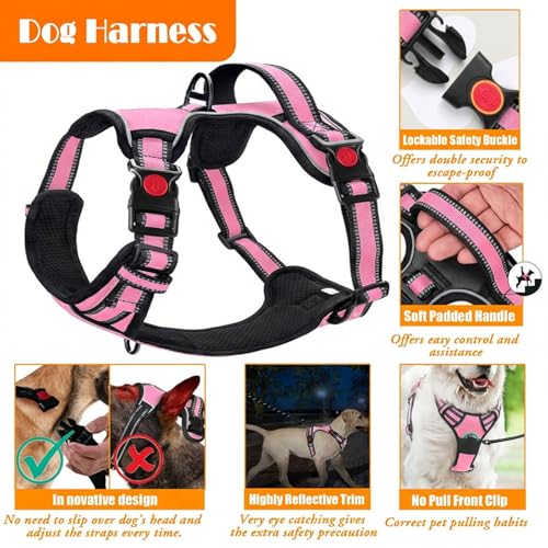 LOBEVE No Pull Dog Harness, Collar & Leash Set | Includes Dog Seat Belt, Collapsible Bowls & Poop Bag Dispenser. Ideal for Training, Walking, Hiking. Fits Small to Large Dogs(Pink-L)