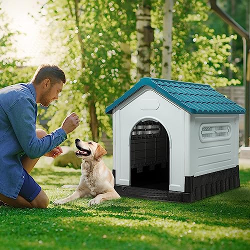 YITAHOME 41.3'' Folding Large Dog House, Weather Resistant Doghouse with Adjustable Skylight and Elevated Base, Outdoor Indoor Pet House for Small to Large Dogs (41.3''L*34.6''W*39''H)