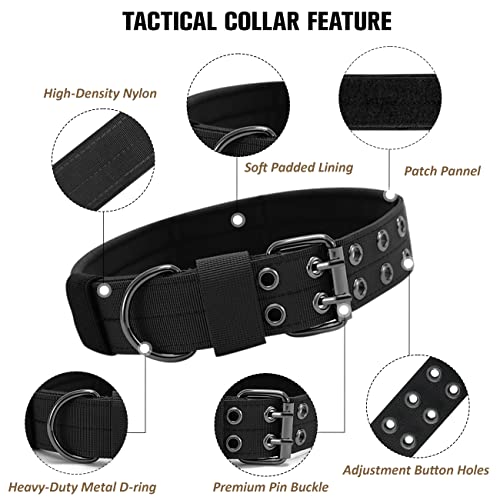 Tactical Dog Collar Military Adjustable Dog Collars Soft Nylon Training Collar with Patch Heavy Duty Metal Buckle Collars for Medium Large Dogs (Black, L)