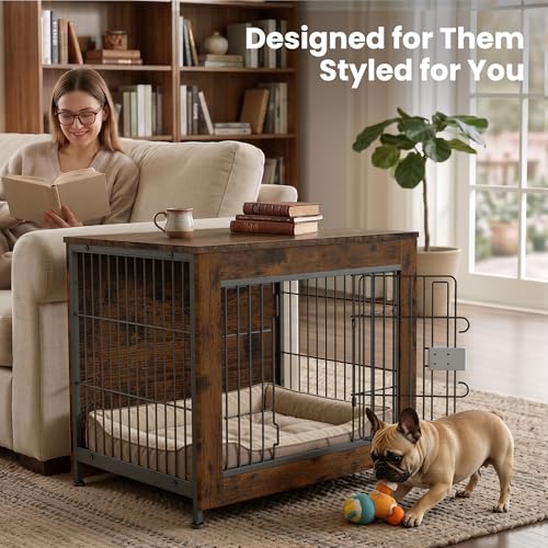 Furniture Style Dog Crate, Decorative Wooden Pet Kennel End Table for Small to Medium Dogs (Under 30 lbs), Indoor Dog House with Secure Slide Lock & Solid Top, Modern Pet Cage Furniture, Aged Black