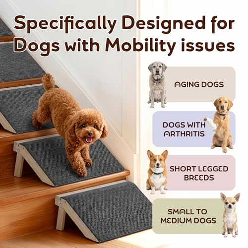 2 Pack Non-Slip Wooden Pet Ramp for Small Dogs, Gentle Slope Stair Ramp for Puppies, Senior Pets & Cats, Easy to Use Indoor Pet Access Ramp