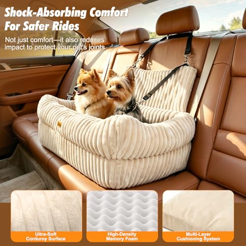 Pawaboo Dog Car Seat, Dog Booster Car Seats with Memory Foam, Thickened Cushion & Washable Removable Cover, Pet Travel Carseat Bed with Safety Leashes for Medium/Large Dogs or 2 Small Dogs, Beige