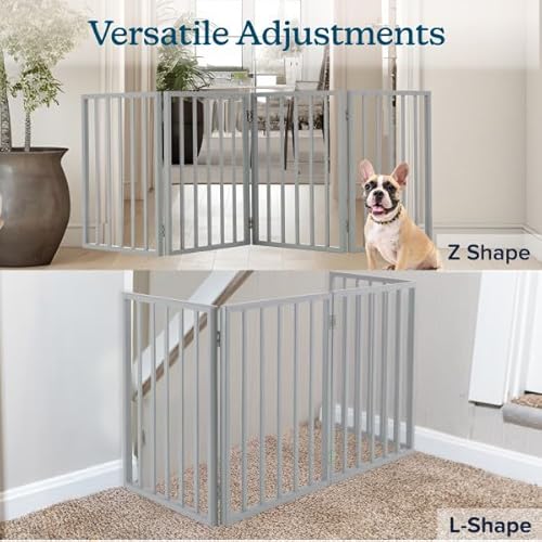 Pet Gate - 4-Panel Indoor Foldable Dog Fence for Stairs, Hallways, or Doorways - 72x24-Inch Retractable Wood Freestanding Dog Gates by PETMAKER (Gray)
