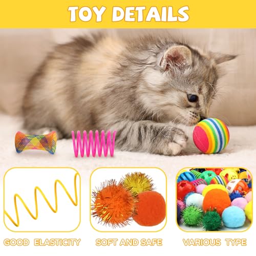QUOZUO Kitten Toys, 60PCS Cat Balls Springs Toy Set, Cat Mouse Toy, Kitten Sparkle Crinkle Balls Furry Soft Pom Pom