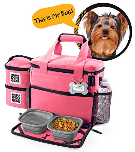 Mobile Dog Gear, Week Away Dog Travel Bag for Small Dogs, Includes Lined Food Carriers and 2 Collapsible Dog Bowl, Pink
