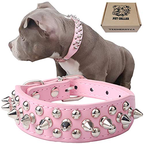 TEEMERRYCA Adjustable Leather Spiked Studded Dog Collars with a Squeak Ball Gift for Small Medium Large Pets Like Cats/Pit Bull/Bulldog/Pugs/Husky, Pink, XL 17.7-20.5 inches