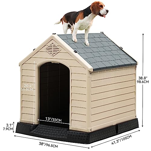 YITAHOME 41'' Large Dog House, Weather Resistant Doghouse for Outdoors Indoors w/Easy Assembly Dog Kennel, Air Vents and Elevated Floor (41''L*38''W*39''H, Gray+Brown)