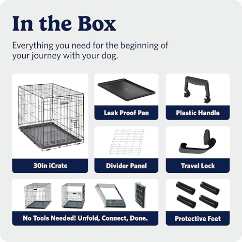 MidWest Homes for Pets 30-Inch iCrate for Medium Breeds, 21-40 lbs, Single Door Folding Dog Crate with Divider Panel, Leak-Proof Tray & Secure Latch, Portable, Durable & Easy to Assemble