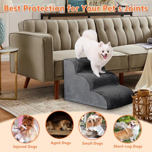 MIHIKK Dog Stairs Ramp, Curved 3-Step Dog Steps for Small Dogs and Cats, Pet Stairs for High Beds and Couch with Anti-Slip Washable Cover and Durable High Density Foam, Dark Grey