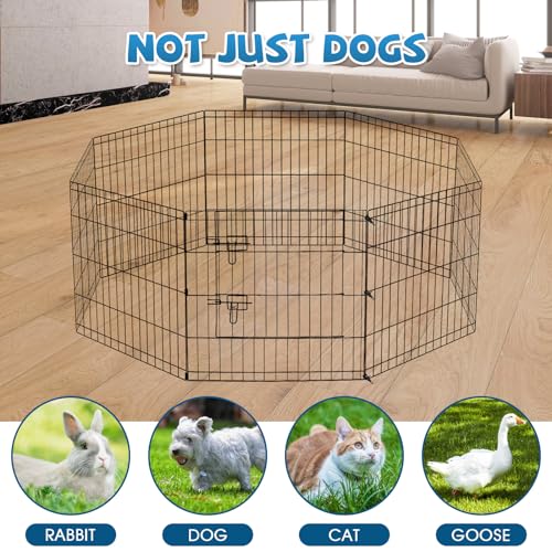 Dog Pen Pet Playpen Dog Fence Indoor Foldable Metal Wire Exercise Puppy Play Yard Pet Enclosure Indoor Outdoor 8 Panels 24 Inch with Bottom Pad/Top Cover (Black with top Cover)