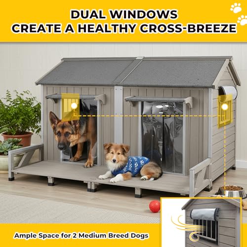 59" Large Dog House for 2 Dogs XL Wooden Dogs House Outdoor with Weatherproof Openable Roof, Window, All-Around Iron Frame, Removable Floor, Large Balcony