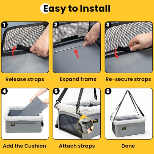Conlun Dog Car Seat Booster for Small Pet Under 20lbs, Portable Travel Puppy Car Seat with Internal Steel Frame, Comfort Cushion & Storage Pockets, Adjustable Straps Fit Most Cars, Grey