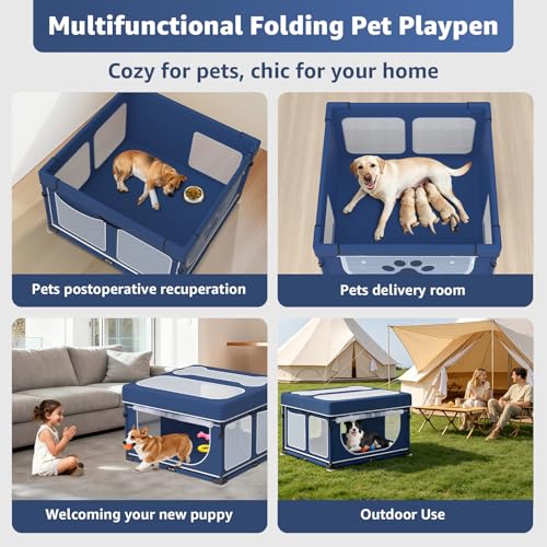 LOOBANI Foldable Dog Playpen with Cover: 1 Min Setup Pet Puppy Playpen Indoor, Sturdy Reinforced Steel/Iron Frame Dog Fence, Portable Whelping Box for Home Dog Cat Rabbit-43.3"x43.3"x27.1"│Patented