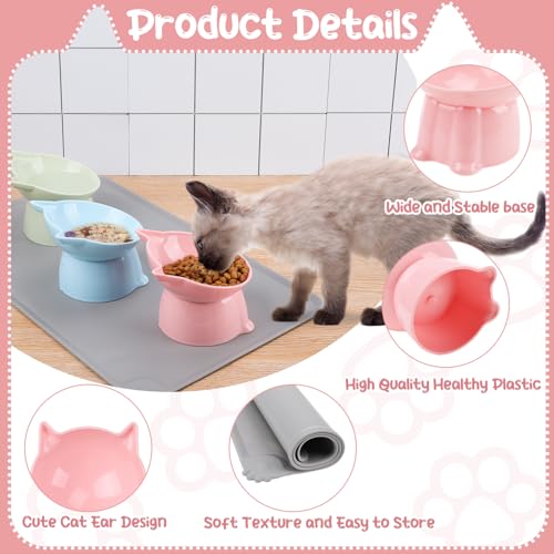 3 Pcs Elevated Cat Bowls 15°Raised Cat Food Bowl with Silicone Mat Whisker Friendly Anti Vomiting Cats Dishes Pet Food and Water Bowls for Indoor Cats Kittens