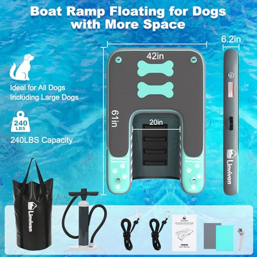 Linvivon Inflatable Dog Boat Ramp for Dogs Up to 240 lbs, Inflatable Dock Floating Platform with Anti-Slip EVA Foam Safe & Easy Water Access, Dog Ramp for Boat, Pools, Lakes, Boats, Docks, Green