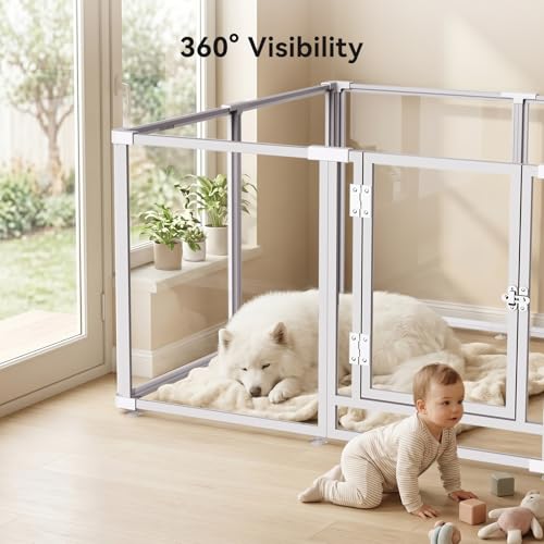Clear Acrylic Dog Play Pen Indoor Pet Enclosure for Small Dogs & Cats, Outdoor Use with Door, Easy Assemble & Cleaning