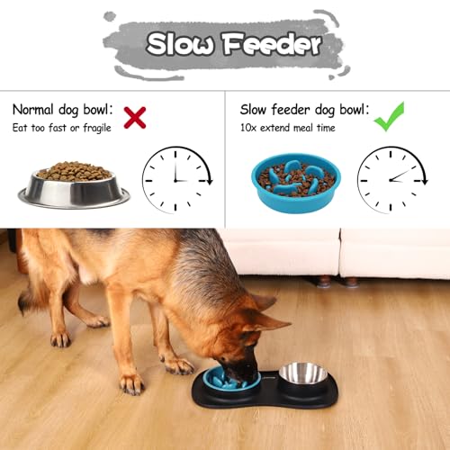 MateeyLife Dog Food and Water Bowl Set 3 in 1, Slow Feeder Dog Bowls & Stainless Steel Water Bowl with Non-Spill Silicone Mat, Cat and Puppy Bowls Pet Dishes for Small Medium Large Breed Anti-Choking