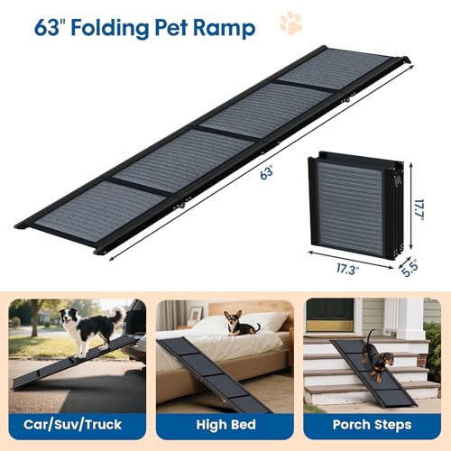 HBTower 63" Long x 17.3" Wide Folding Dog Ramp for Large Dogs Up to 250lbs - Portable Pet Ramp with Non-Slip Surface, Extra Wide Dog Car Ramps for Car, SUV, Truck & High Beds