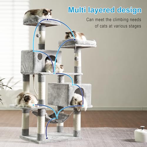 Hey-brother Large Multi-Level Cat Tree Condo Furniture with Sisal-Covered Scratching Posts, 2 Bigger Plush Condos, Perch Hammock for Kittens, Cats and Pets Light Gray MPJ020W