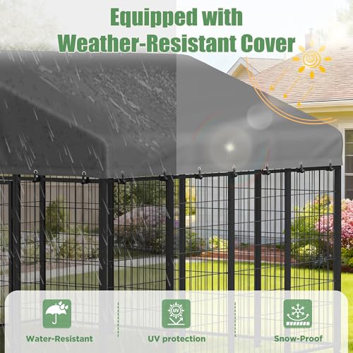 JFHID Outdoor Dog Kennel for Yard, 8x8 Medium Steel Chain Link Fence with Roof, Dog Run Enclosure with Feeding Bowl & Self-Locking Latch