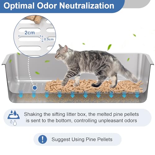 Stainless Steel Sifting Litter Box with Lid, XL Extra Large Sifting Cat Litter Box for Pine Pellets & Big Cats,Metal Pellet Sifter Litter Pan System for Odor Control,Sifting Box Liners & Scoop