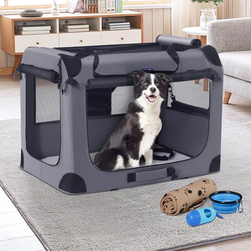 Petprsco Portable Dog Crate - 32"x23"x23" Collapsible Dog Travel Crate for Medium/Large Dogs with Soft Blanket, Foldable Bowl & Poop Bag Dispenser - Indoor & Outdoor Use