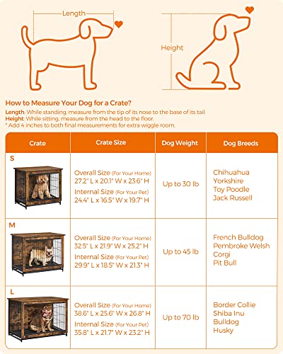 Feandrea 27.2" Dog Crate Furniture, Indoor Dog Cage Side End Table, M Pet Wood Kennel for Medium and Small Dogs up to 30 lb with Multi-Purpose Removable Tray, Double-Door Pet House, Rustic Brown