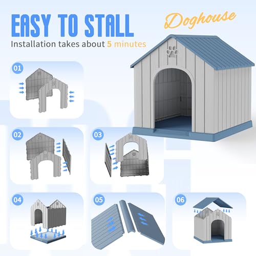 DRATO Large Dog House Indoor Outdoor Waterproof,Puppy Shelter with Air Vents and Elevated Floor,Sturdy Dog Kennel for Small to Large Sized Dogs, Easy to Assemble (Blue, 38.62×36.26×38.07 Inches)