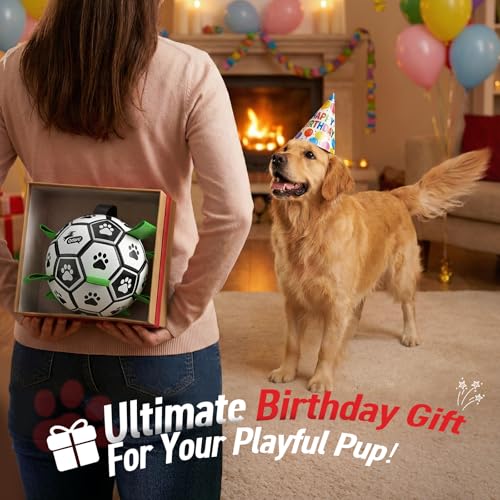 QDAN 6 Inch Dog Toys, Durable Floatable Dog Balls for Tug, Fetch, Herding and Water Play, Soft PU, World Cup Dog Soccer Ball with Straps for Small to Medium Dogs, Ideal Outdoor Play & Birthday Gift