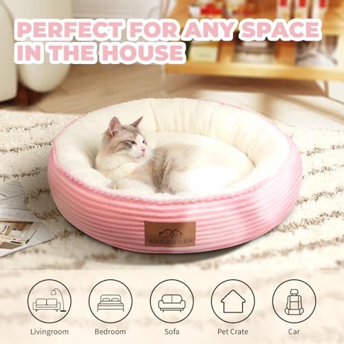 Zerbuger 20in Washable Cat Beds for Indoor Cats - Round Donut Pet Bed for Cats, Small Dogs, Puppy, Kitten - Anti-Slip Bottom, Calming Bed Gift - Pink