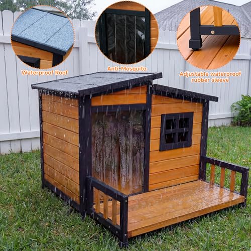 RUNSHED Large Indoor Outdoor Dog House,Wood Insulated Dog House,Weatherproof Outside Shelter with Elevated Floor,Easy to Assemble(39.3" L x 37.5" W x 30" H) Suitable for Small and Medium-Sized Dogs