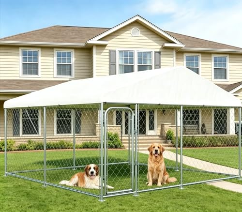 LotFun 10x10 FT Dog Kennel, Heavy Duty Outdoor Dog Enclosure with UV & Rain-Proof Fully Covered Roof, Double Security Locks and Rustproof Metal Mesh for Large Dogs House (10x10x6 FT)