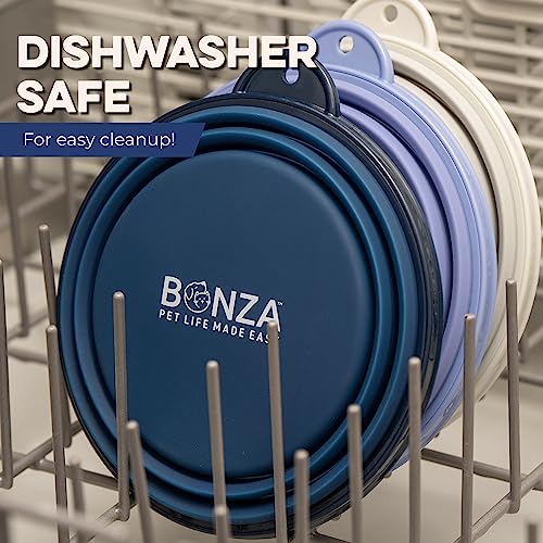 Bonza Collapsible Dog Bowl - Portable Travel Water Bowl for Dogs - Dishwasher Safe Silicone Pet Dish - Collapsible Pet Dish with Carabiner Clip - 50 Oz, X-Large, Navy Blue