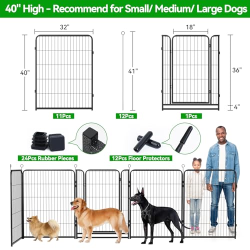 Kfvigoho Dog Playpen Outdoor Extra Wide 12 Piece Panels Heavy Duty Anti-Rust Coating-Strengthened Dog Fence 40" Height with Doors Portable for RV Camping Yard, Total 32FT, 79 Sq.ft, Snowy Black