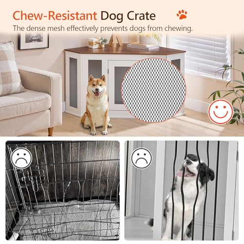 MAHANCRIS Corner Dog Crate Furniture, Wooden Dog Kennel End Table, Decorative Pet Crate Indoor Use, Furniture Style Dog House for Small Medium Dog, Dog Cage TV Stand, White and Walnut DCBA0801